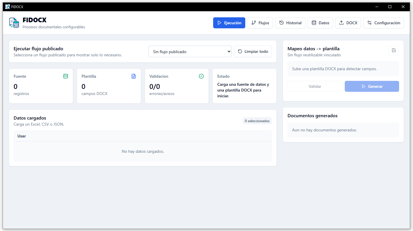 Vista del sistema FIDOCX para generar documentos Word y PDF desde Excel